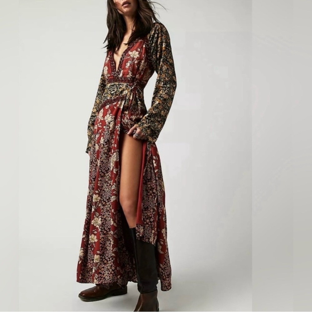 Free People Tilda Rusty Red and cream maxi wrap dress with lace trim.Deep-v. L - Picture 5 of 12
